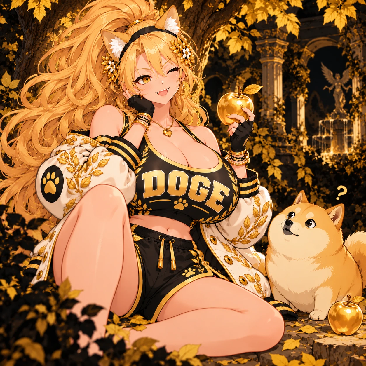 Adult Eve considering a golden apple under an Eden tree, beside a very confused Shiba Inu.